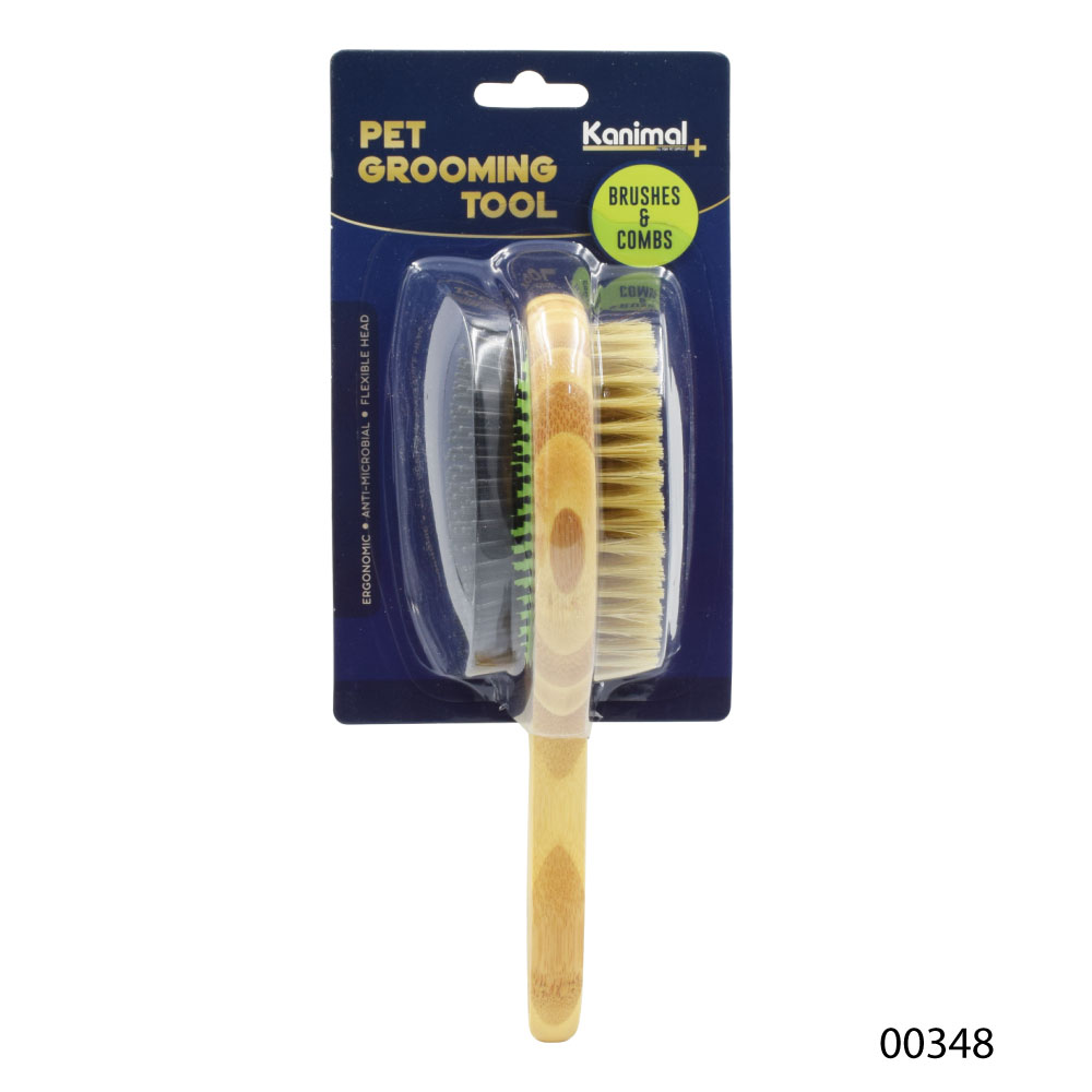 Pet Duo Brush แปรงหวีขน 2 ด้าน (ด้ามไม้) แปรงขนหมู หวีสางขน สำหรับสุนัขและแมว Size L ขนาด 24x7 ซม.