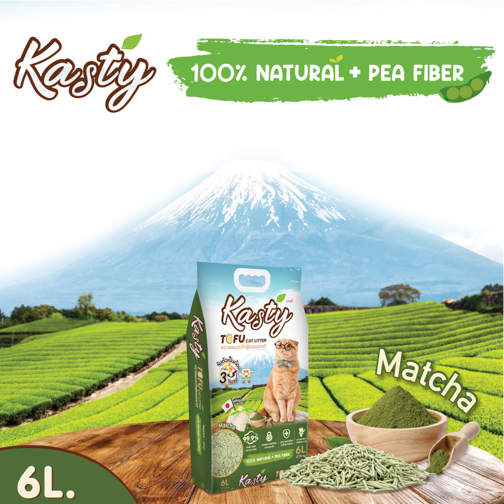 Kasty Matcha 6L. ทรายแมวเต้าหู้ ผลิตจากถั่วลันเตาธรรมชาติ ไร้ฝุ่น ควบคุมกลิ่น จับตัวเป็นก้อนเร็ว ทิ้งชักโครกได้ บรรจุ 2.72 กิโลกรัม