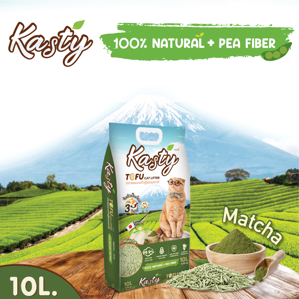 Kasty Matcha 10L. ทรายแมวเต้าหู้ ผลิตจากถั่วลันเตาธรรมชาติ ไร้ฝุ่น ควบคุมกลิ่น จับตัวเป็นก้อนเร็ว ทิ้งชักโครกได้ บรรจุ 4.54 กิโลกรัม