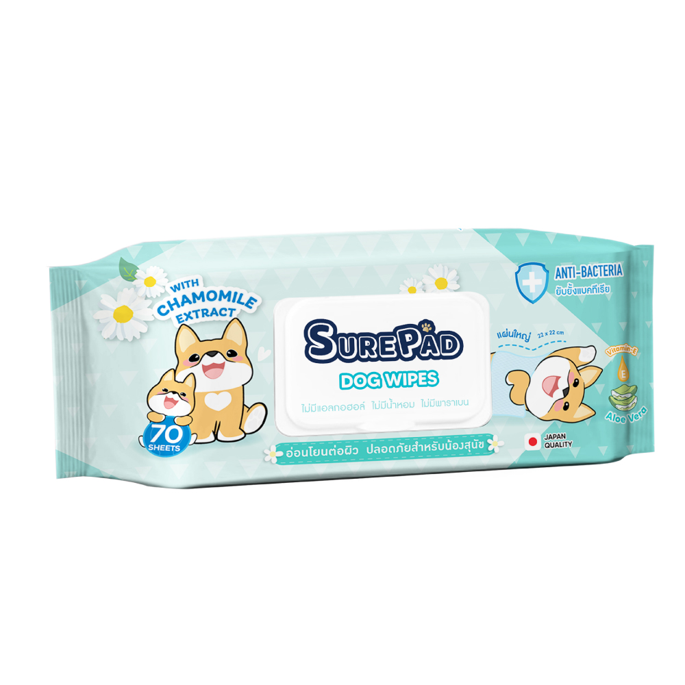 SurePad Dog Wipes ทิชชู่เปียกสุนัข ผ้าเปียกเช็ดตัว สูตรคาโมมายล์ ช่วยยับยั้งแบคทีเรีย แผ่นใหญ่ 22x22 ซม. (70 แผ่น/ แพ็ค)