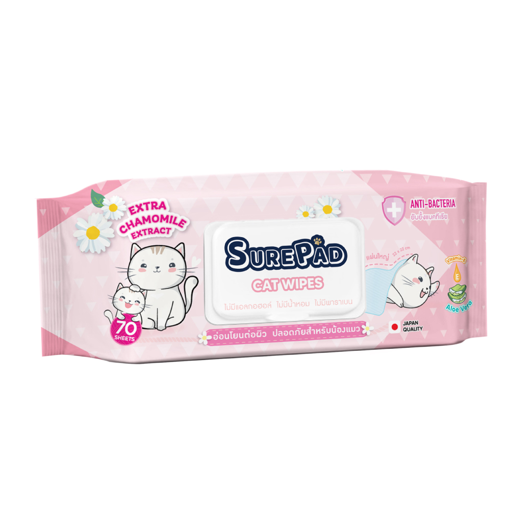 SurePad Cat Wipes ทิชชู่เปียกแมว ผ้าเปียกเช็ดตัว สูตรคาโมมายล์ ช่วยยับยั้งแบคทีเรีย แผ่นใหญ่ 22x22 ซม. (70 แผ่น/ แพ็ค)