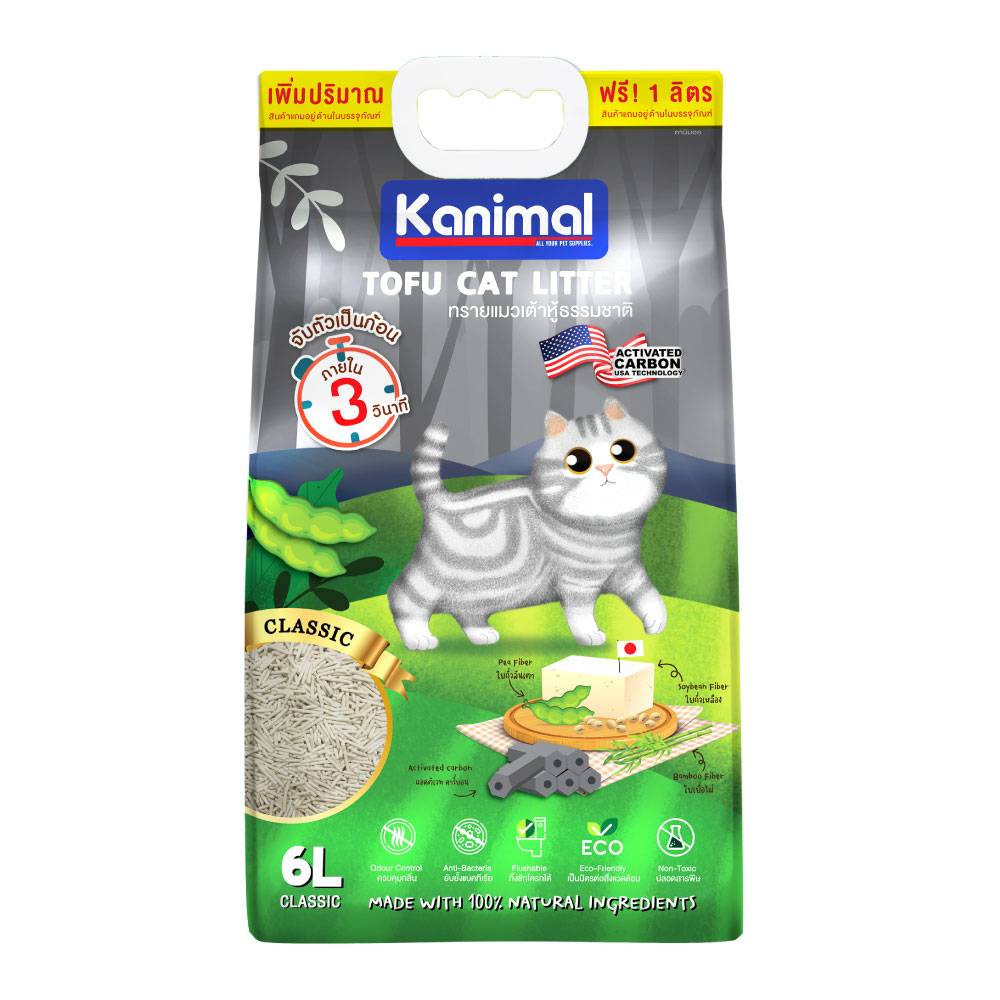 Kanimal Tofu Litter 6L. ทรายแมวเต้าหู้ สูตร Classic ไร้ฝุ่น จับตัวเป็นก้อน ทิ้งชักโครกได้ สำหรับแมวทุกวัย บรรจุ 6 ลิตร (แถมฟรี 1 ลิตร)