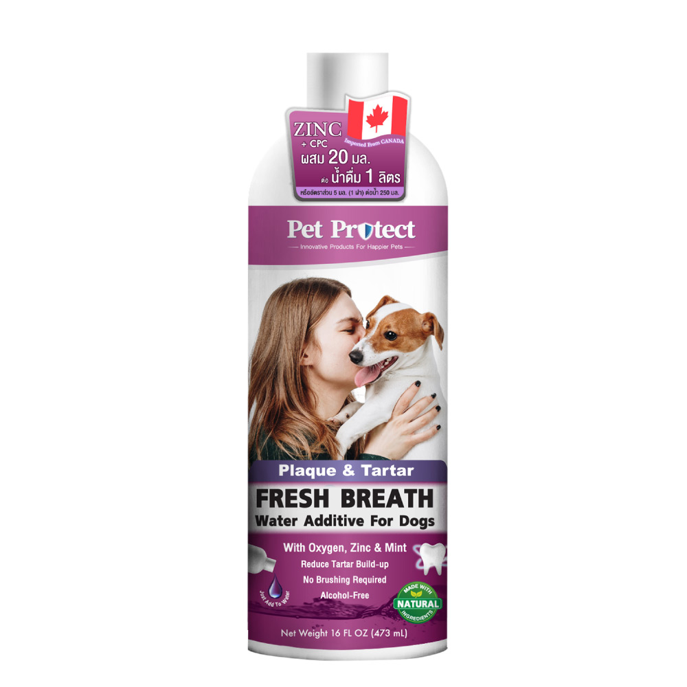 Pet Protect Dog Plaque & Tartar น้ำยาดับกลิ่นปากสุนัข ใช้ผสมน้ำดื่ม สูตรกำจัดคราบหินปูน ลดกลิ่นปาก สำหรับสุนัขทุกสายพันธุ์ (473 มล./ขวด)
