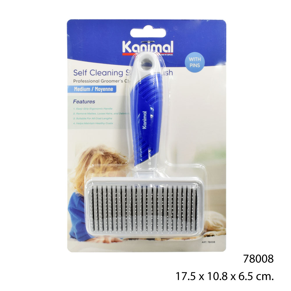 Kanimal Semi-Automatic Slicker Brush หวีสางขนกึ่งอัตโนมัติ แปรงหวีขนสุนัข แปรงแมว หวีสางขน (มีหมุด) Size M ขนาด 17.5x10.8x6.5 ซม.