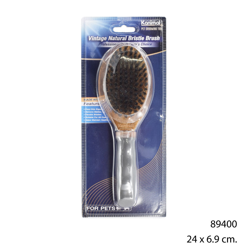 Kanimal Vintage Boar Bristle Brush แปรงหวีขนหมู หวีขนส่วนเกินออก หวีนวดขน มีด้ามจับ สำหรับสุนัขและแมว Size L ขนาด 24x6.9 ซม.